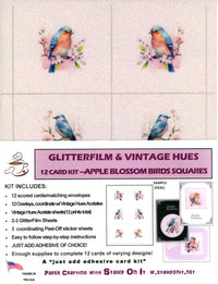 GlitterFilm and Vintage Hue 12 Card Kit Apple Blossom Bird Squares