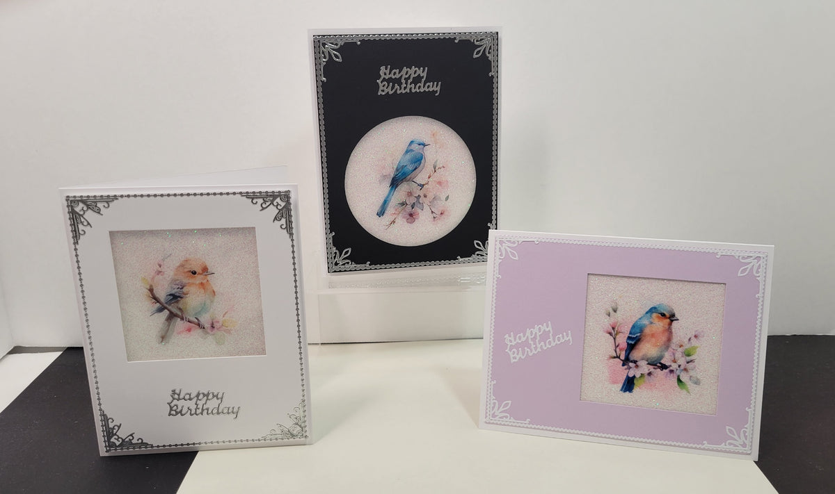 GlitterFilm and Vintage Hue 12 Card Kit Apple Blossom Bird Squares