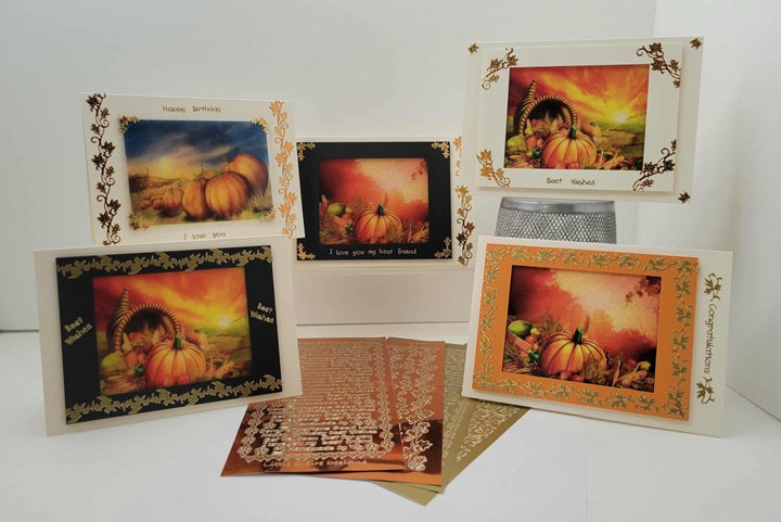 GlitterFilm and Vintage Hue 4 Card Kit Fall Pumpkin Scene