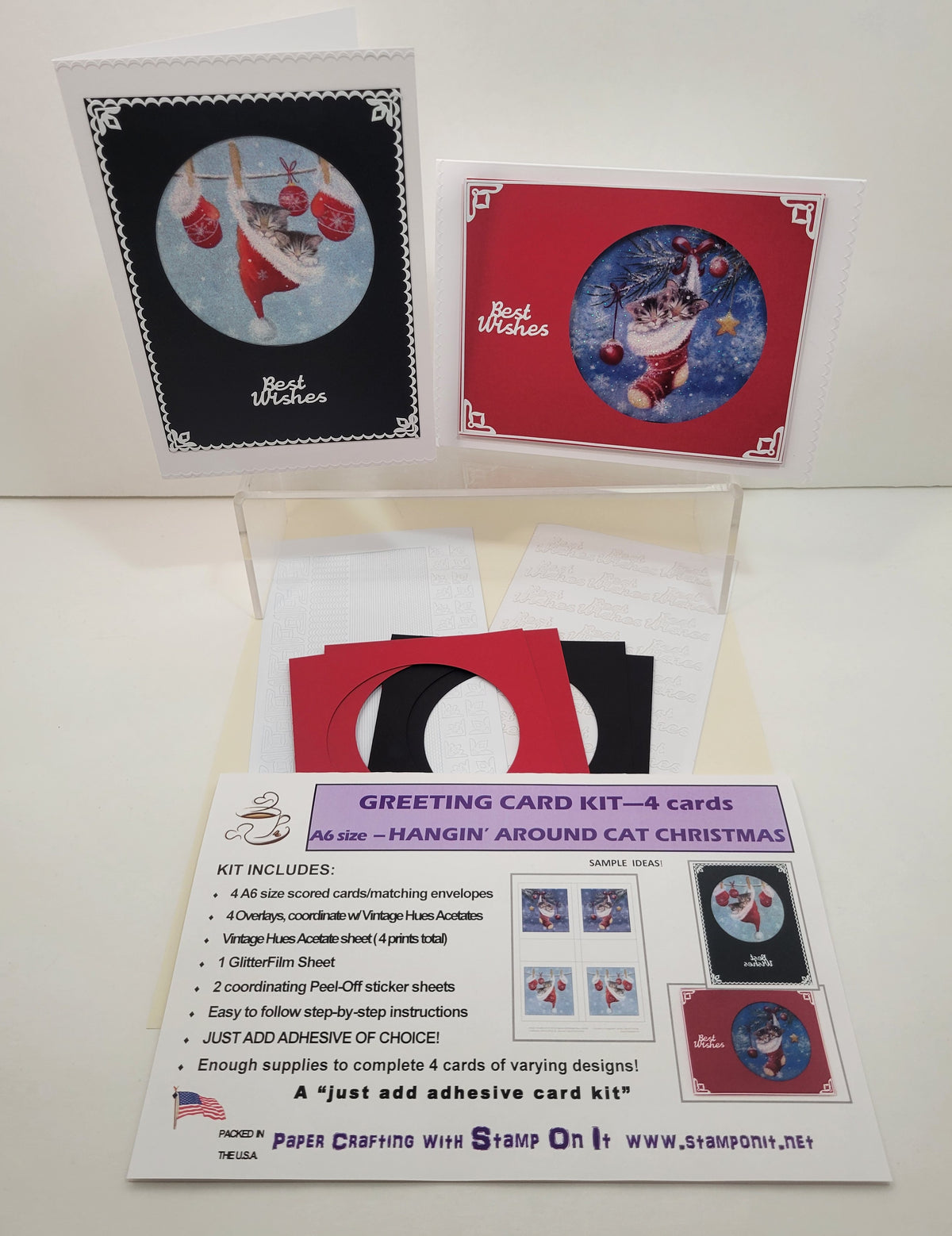 GlitterFilm and Vintage Hue 4 Card Kit Hangin' Around Cat Christmas