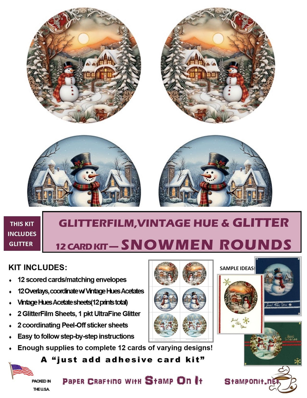 GlitterFilm and Vintage Hue 12 Card Kit Snowmen Rounds with GLITTER