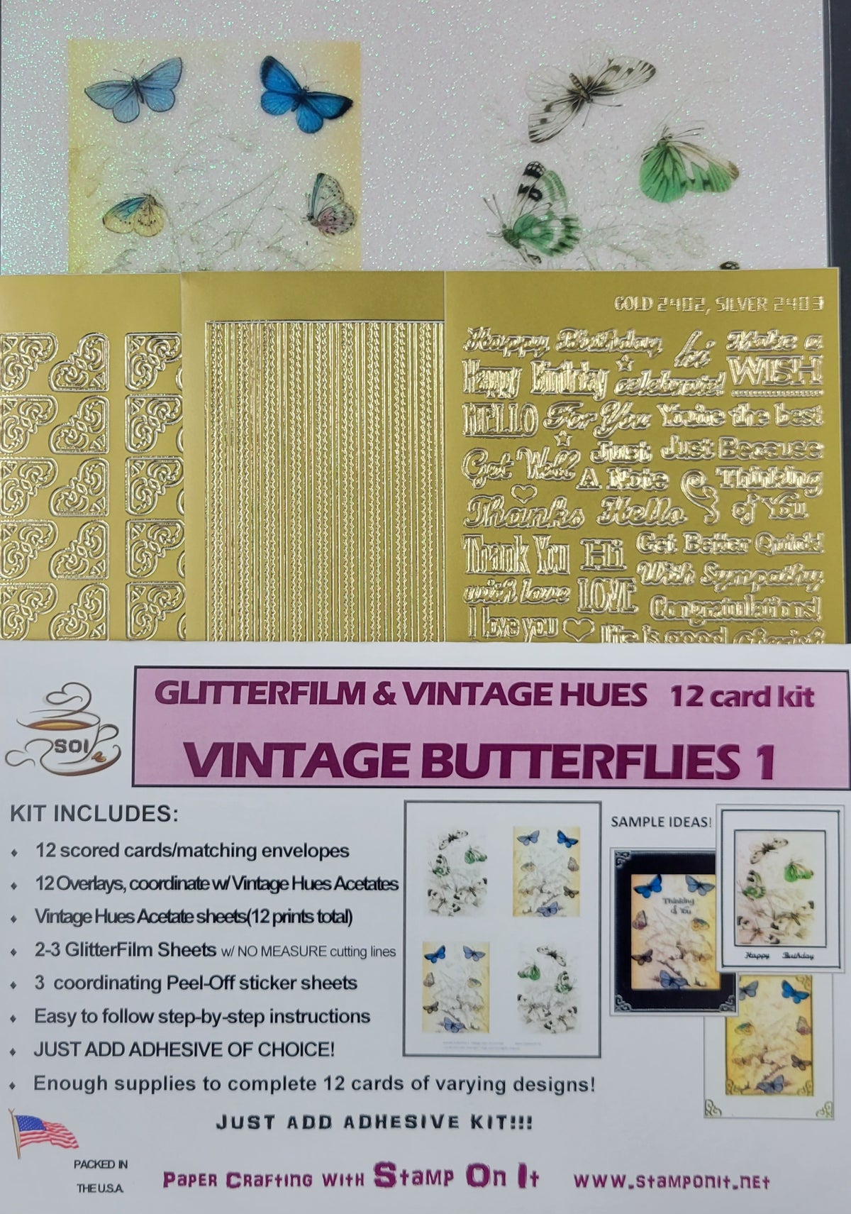 GlitterFilm & Vintage Hues 12 Card Kit Vintage Butterflies 1