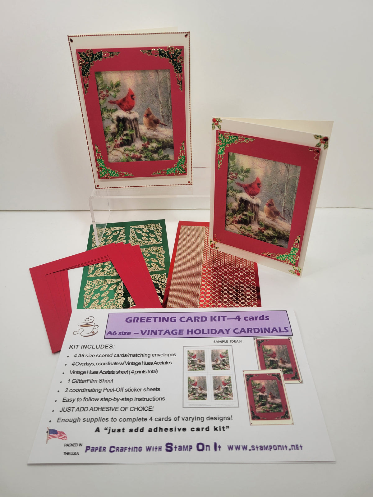 GlitterFilm and Vintage Hue 4 Card Kit Vintage Holiday Cardinals
