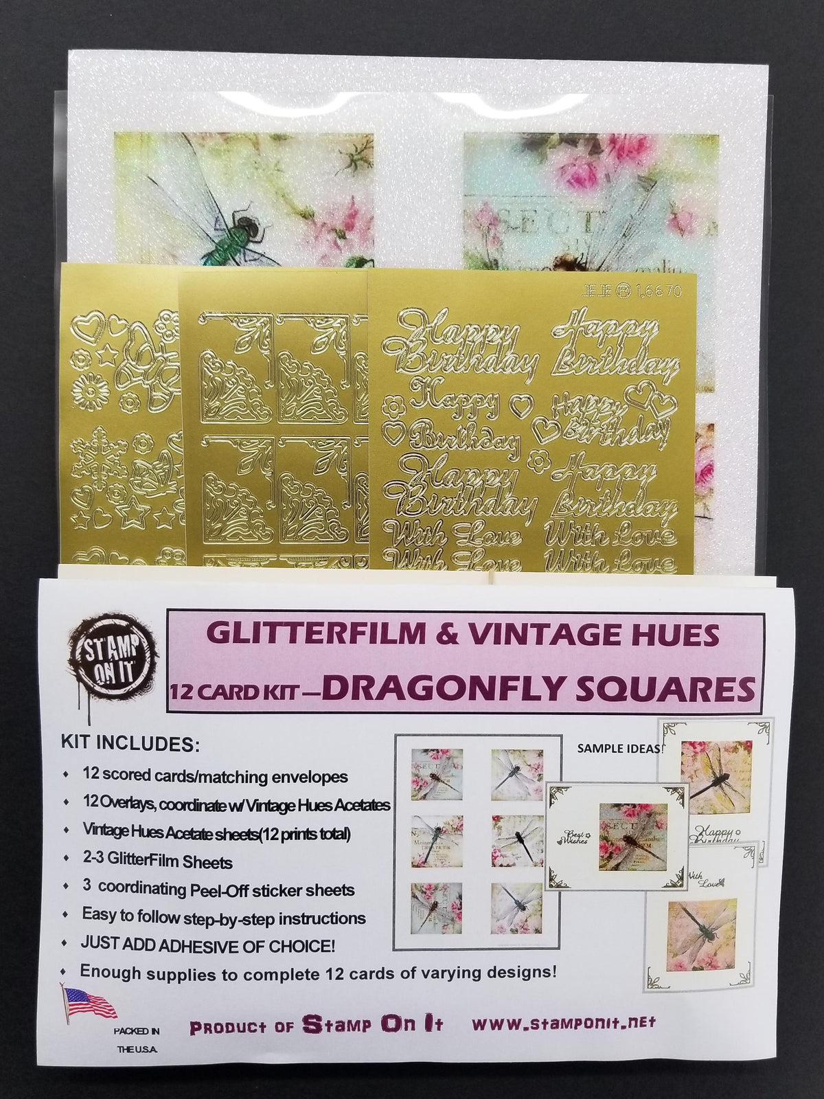 GlitterFilm & Vintage Hues 12 Card Kit Dragonfly Squares