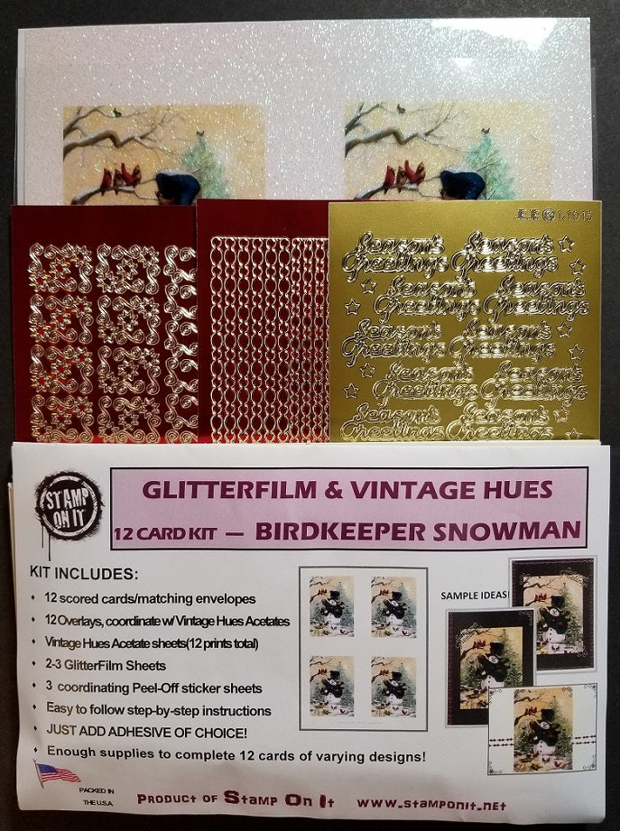 GlitterFilm & Vintage Hues 12 Card Kit Birdkeeper Snowman