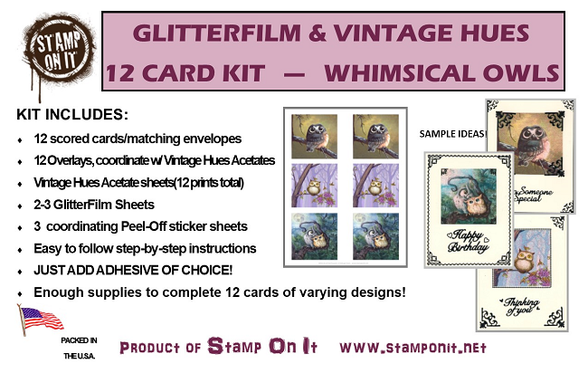 GlitterFilm & Vintage Hues 12 Card Kit Whimsical Owl Squares 1