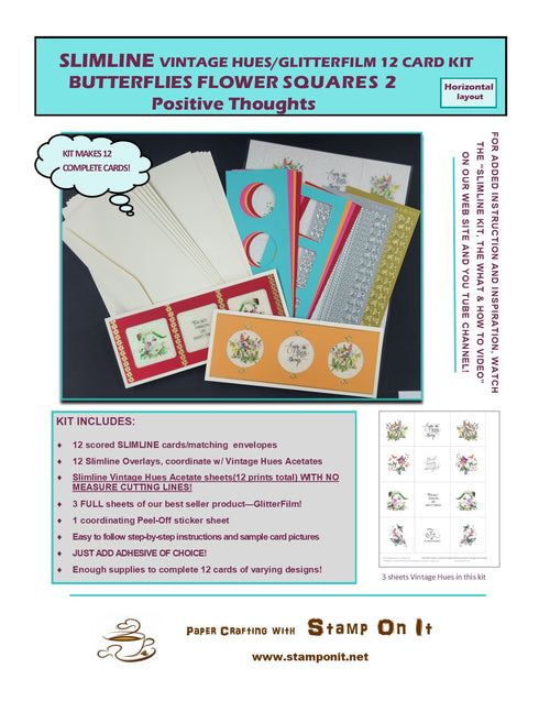 GlitterFilm & Vintage Hues 12 Slimline Card Kit Butterflies Flower Squares 2 Positive Thoughts