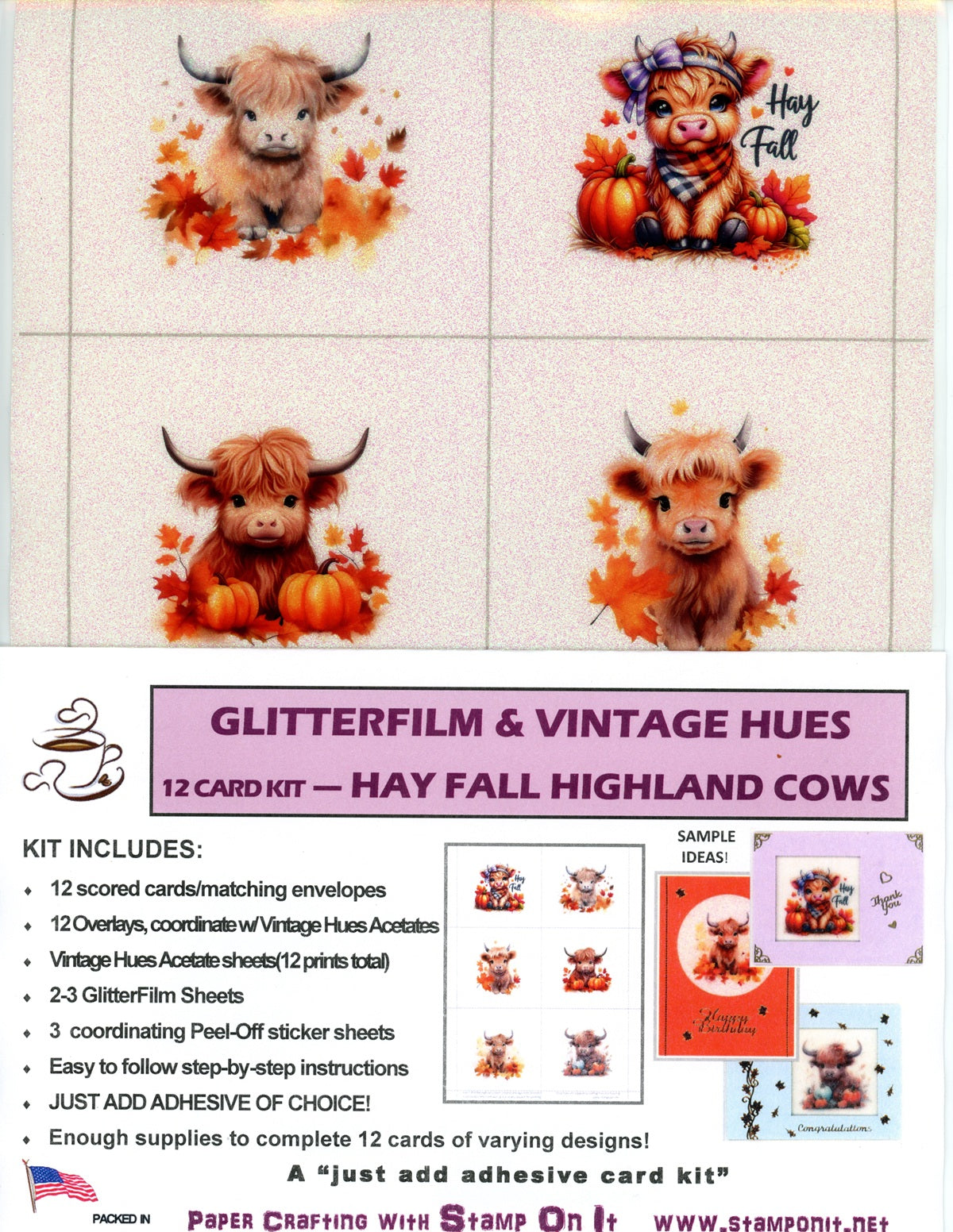 GlitterFilm and Vintage Hue 12 Card Kit Hay Fall Highland Cows