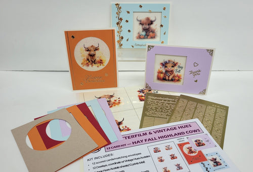 GlitterFilm and Vintage Hue 12 Card Kit Hay Fall Highland Cows