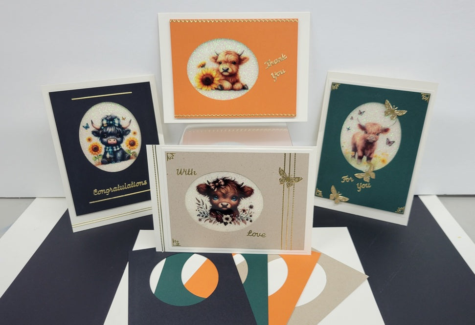 GlitterFilm and Vintage Hue 4 Card Kit Highland Baby Cows
