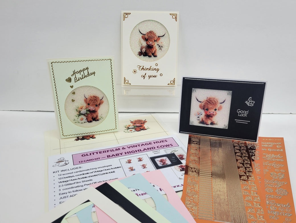 GlitterFilm and Vintage Hue 12 Card Kit Highland Baby Cows Squares