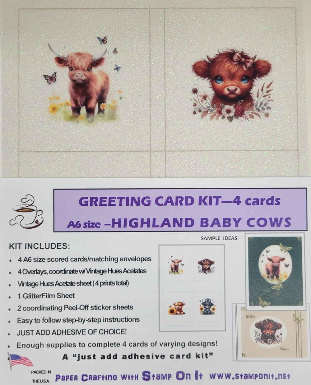GlitterFilm and Vintage Hue 4 Card Kit Highland Baby Cows