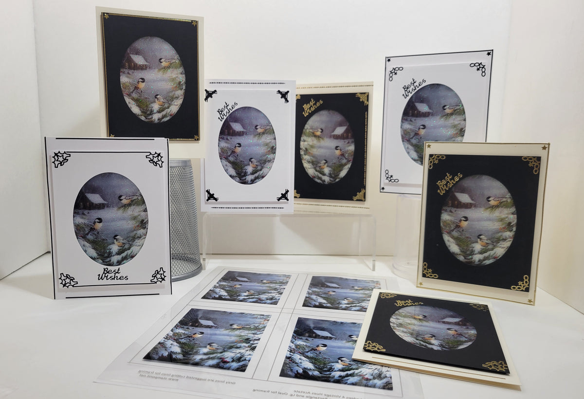 GlitterFilm and Vintage Hue 4 Card Kit Winter Chickadees