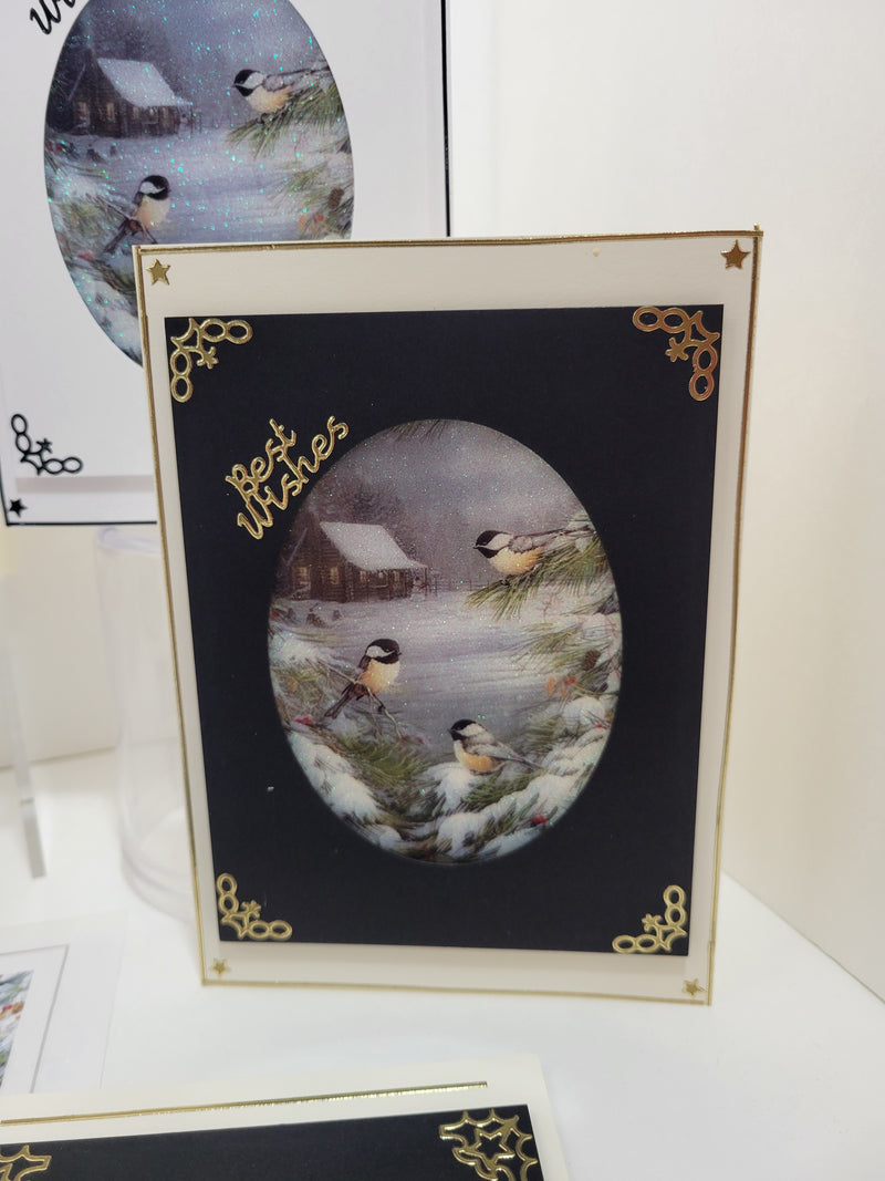 GlitterFilm and Vintage Hue 4 Card Kit Winter Chickadees