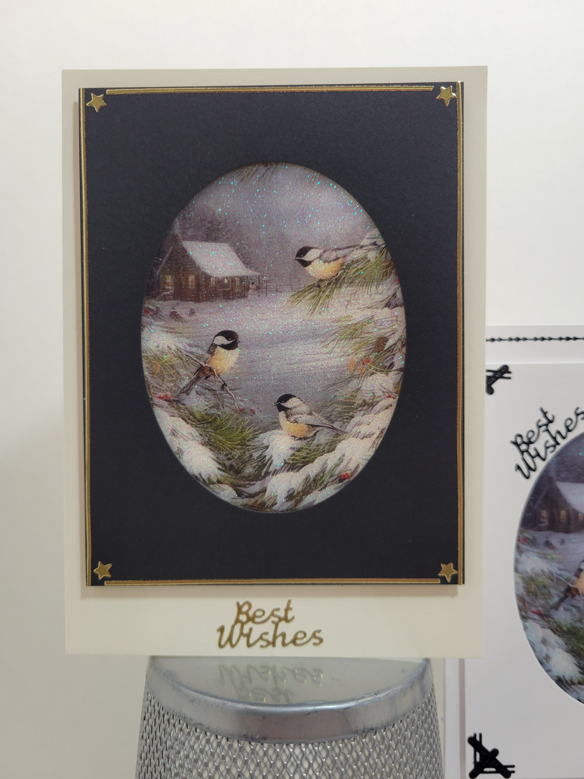 GlitterFilm and Vintage Hue 4 Card Kit Winter Chickadees