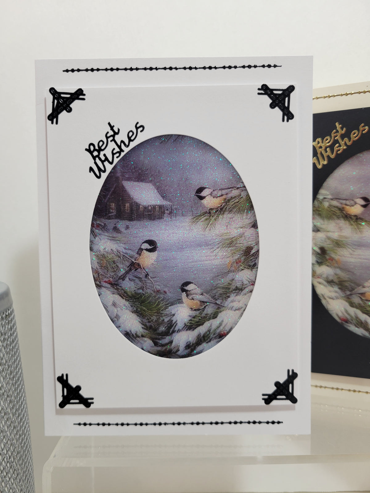 GlitterFilm and Vintage Hue 4 Card Kit Winter Chickadees