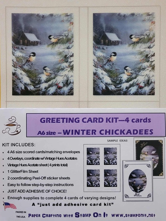 GlitterFilm and Vintage Hue 4 Card Kit Winter Chickadees