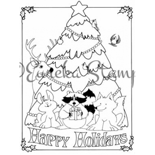 Happy Holidays Animals Art Rubber Stamp  ES 22501 T