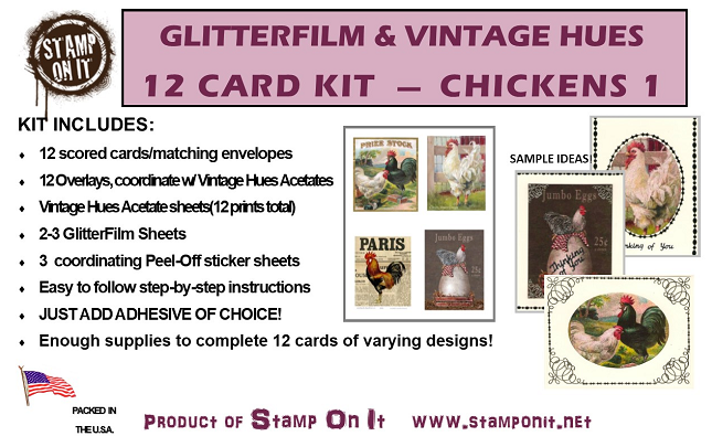 GlitterFilm & Vintage Hues 12 Card Kit Chickens 1