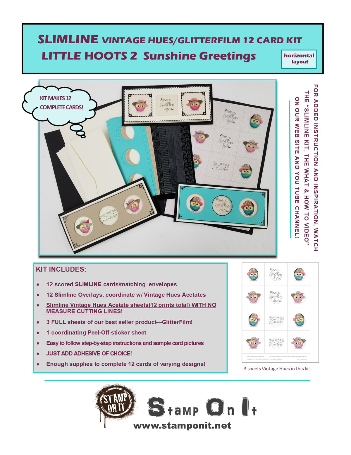 GlitterFilm & Vintage Hues 12 Slimline Card Kit Little Hoots 2 "Sunshine" Greeting