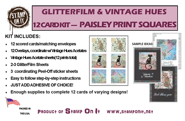GlitterFilm & Vintage Hues 12 Card Kit Paisley Print Squares 1