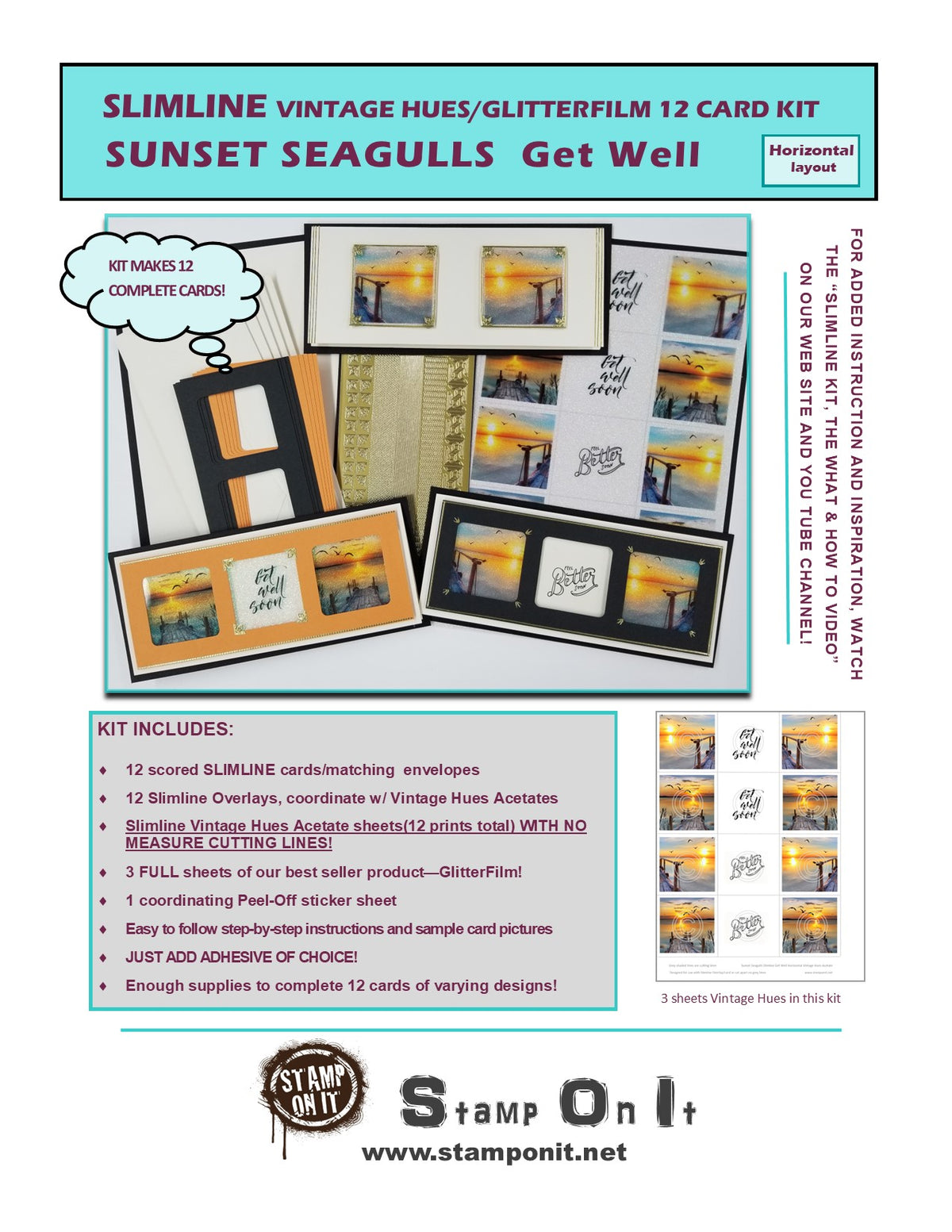 GlitterFilm & Vintage Hues 12 Slimline Card Kit Sunset Seagulls Get Well