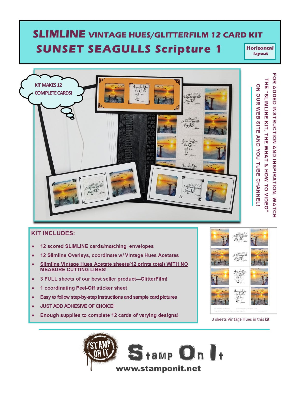 GlitterFilm & Vintage Hues 12 Slimline Card Kit Sunset Seagulls Scripture 1