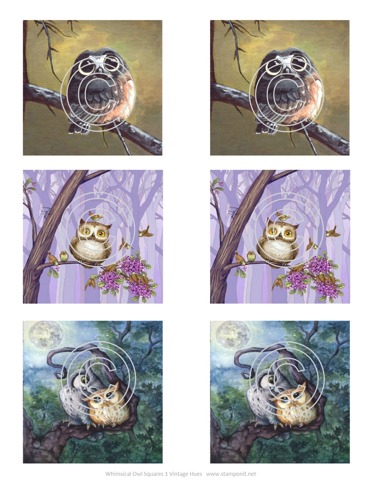 Whimsical Owls Squares 1, Vintage Hue Acetate