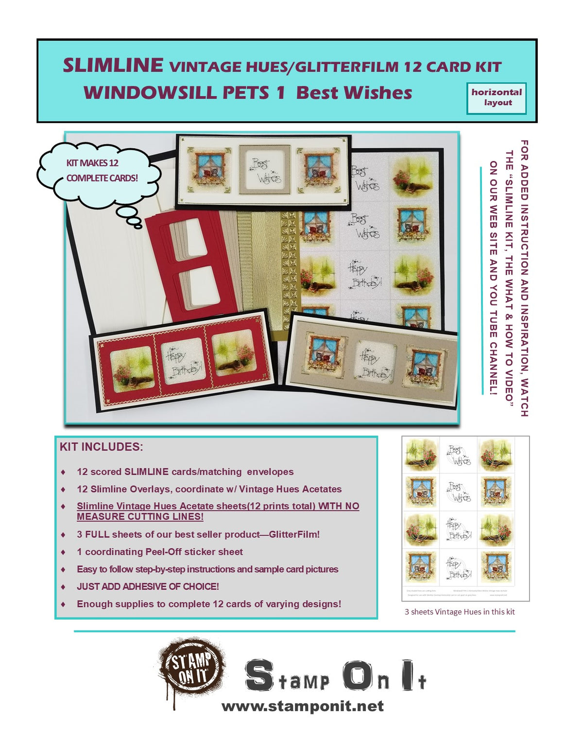 GlitterFilm & Vintage Hues 12 Slimline Card Kit Windowsill Pets 1 Best Wishes