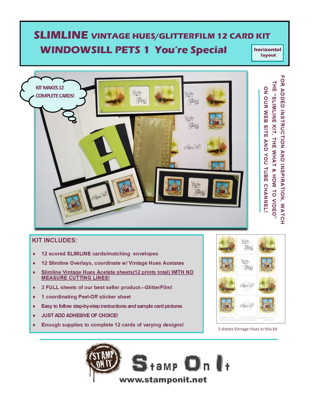 GlitterFilm & Vintage Hues 12 Slimline Card Kit Windowsill Pets 1 You're Special