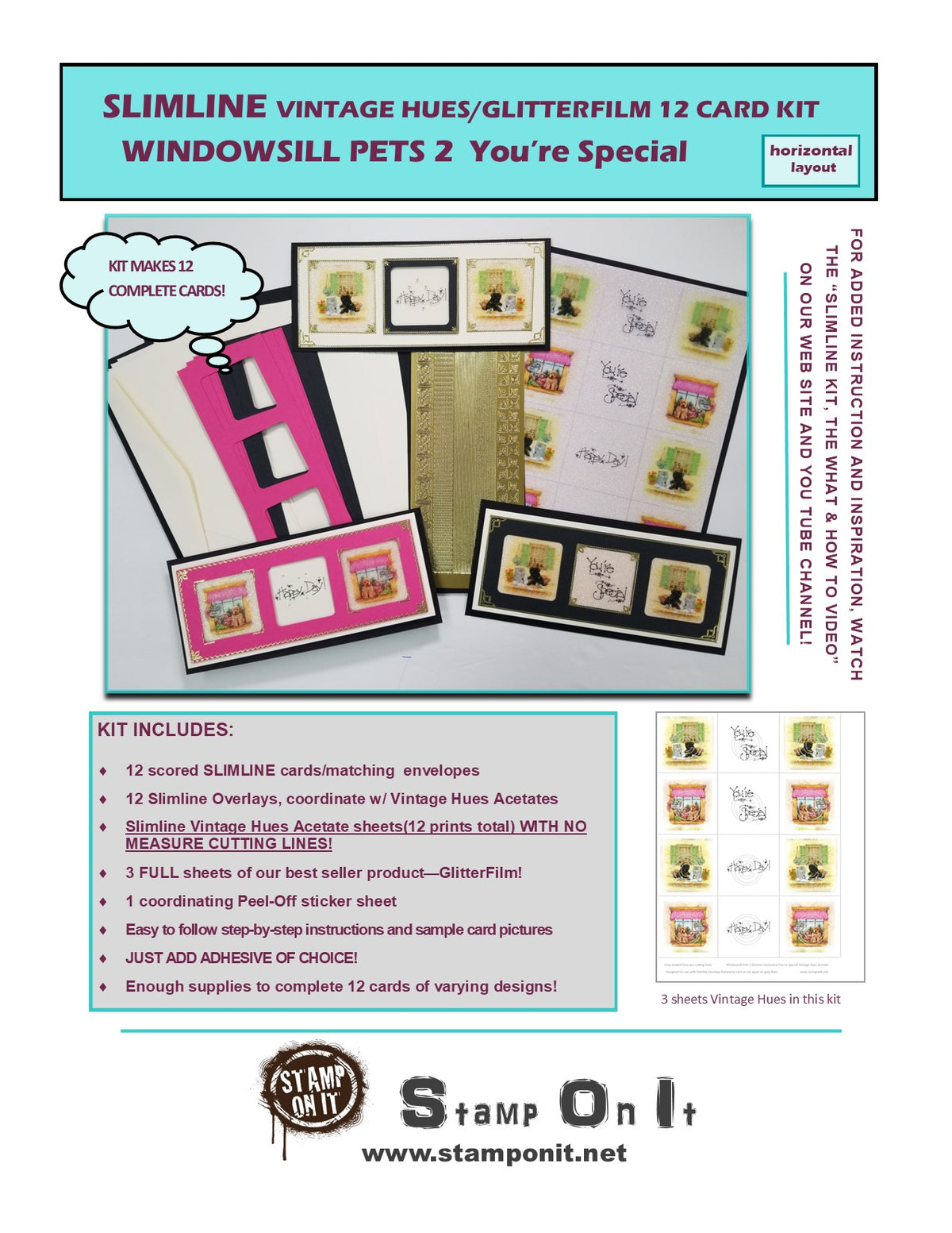 GlitterFilm & Vintage Hues 12 Slimline Card Kit Windowsill Pets 2 You're Special