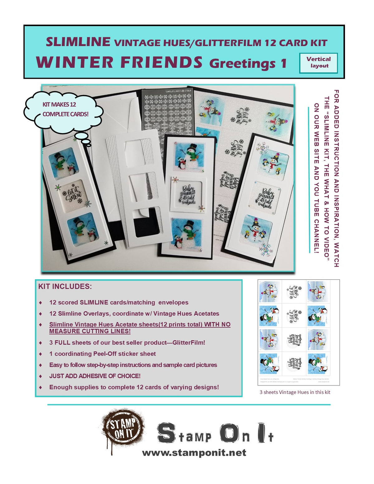 GlitterFilm & Vintage Hues 12 Slimline Card Kit Winter Friends